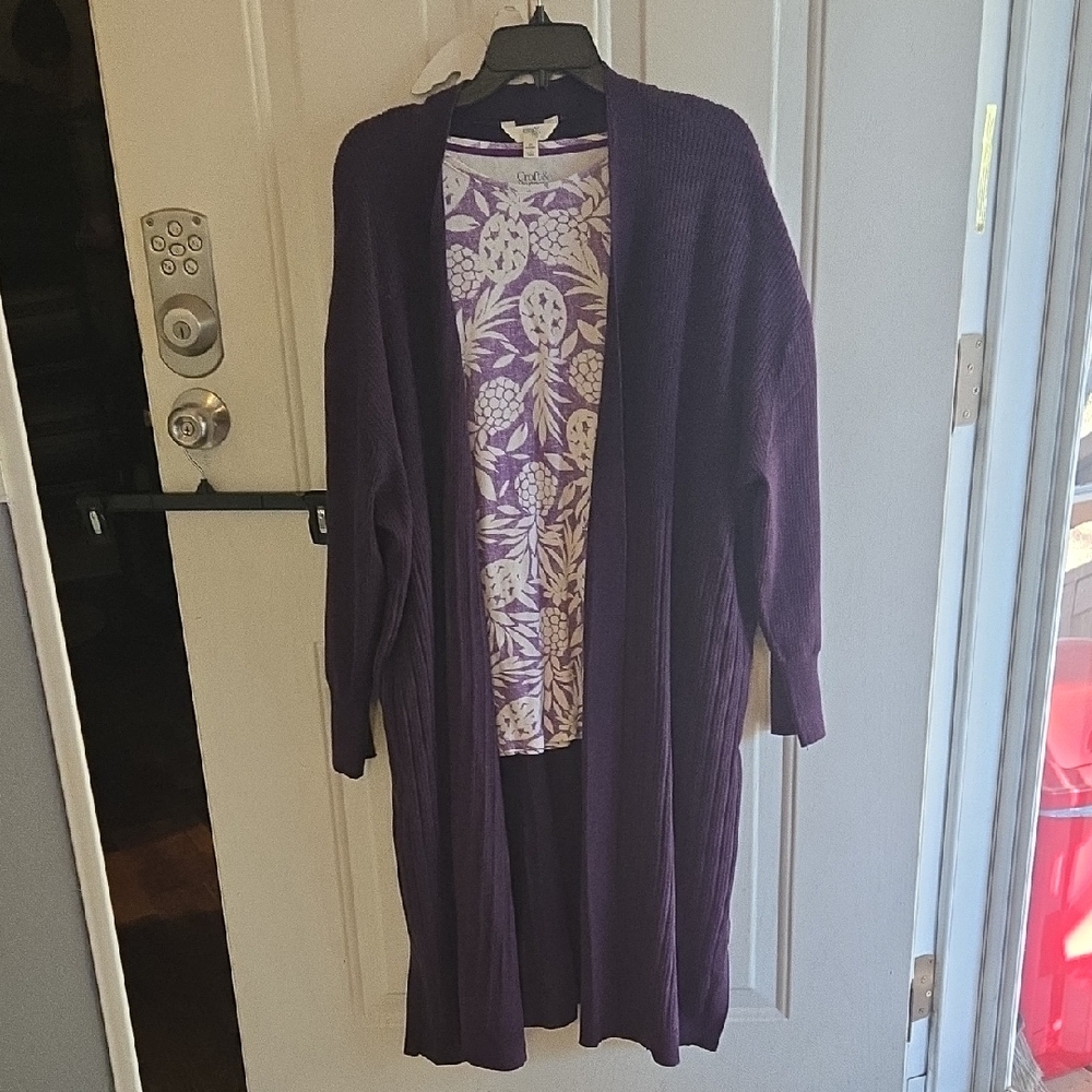 Long Open-Front Women's Ribbed Duster Cardigan Sweater - Purple With Shirt